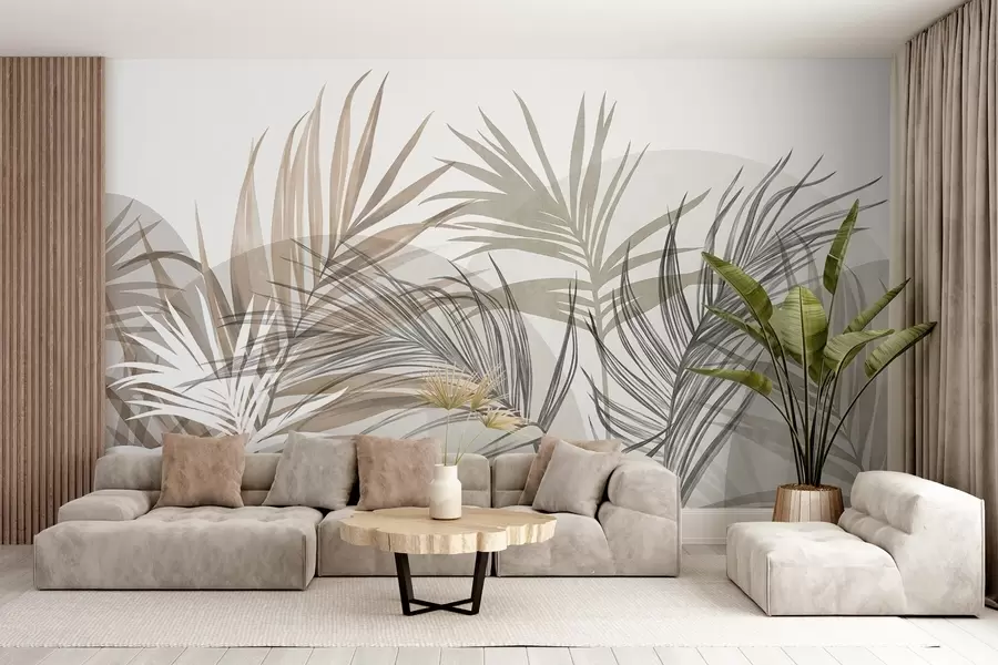 peintures murales Des feuilles de palmier dans des tons neutres de beige, marron et gris, aux formes abstraites w10025