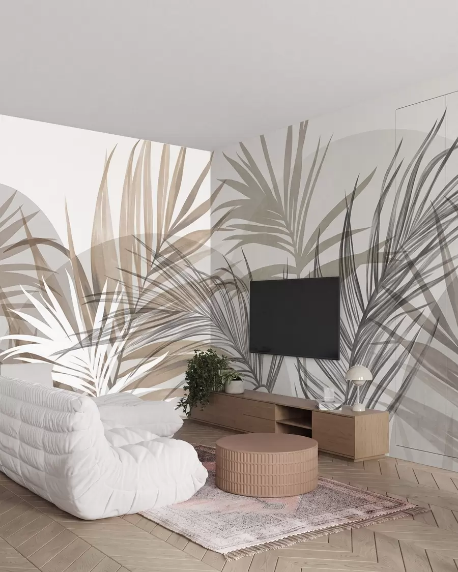 wall murals Palm leaves in neutral tones of beige, brown and gray, with abstract shapes w10025
