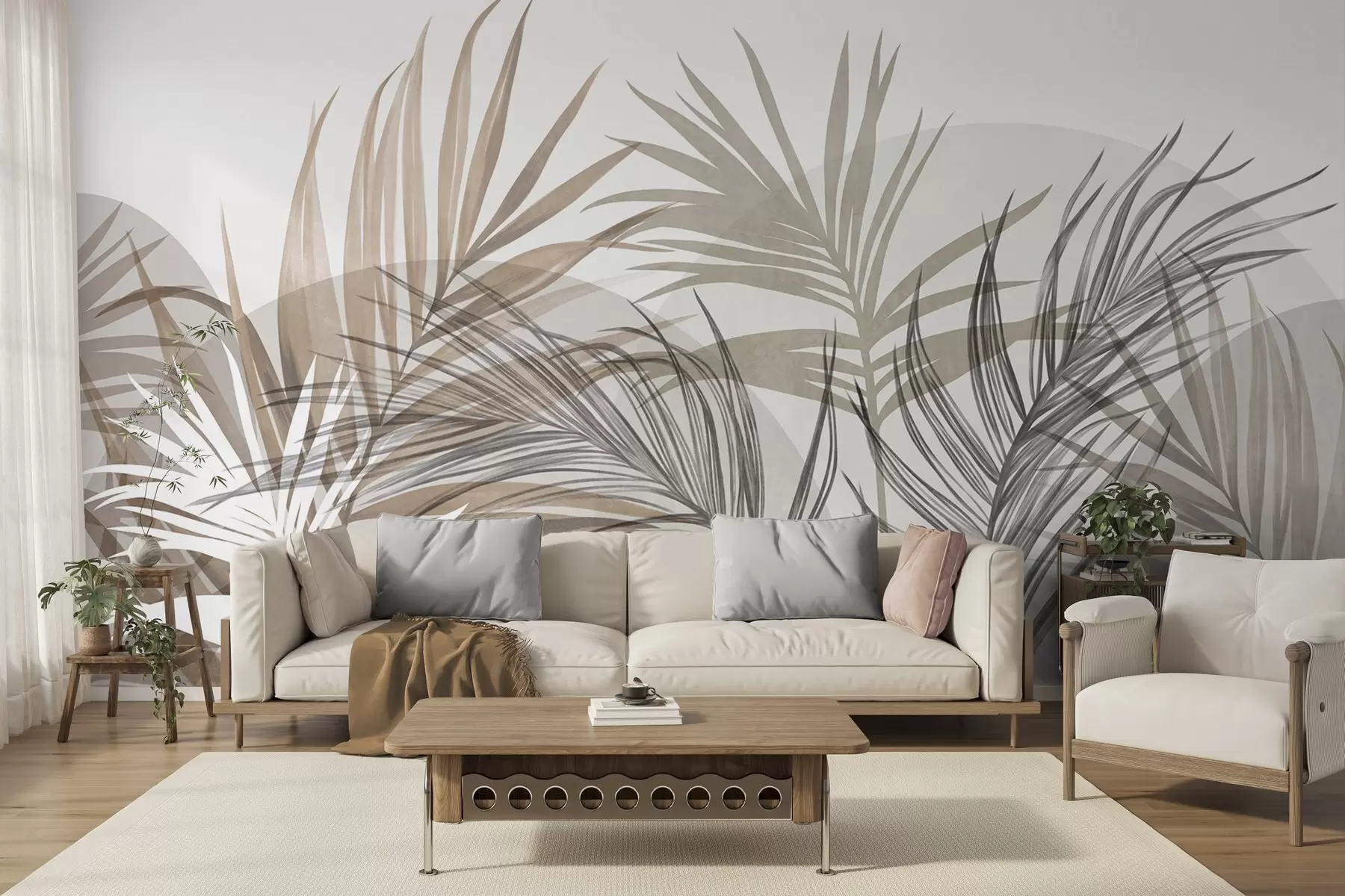 peintures murales Des feuilles de palmier dans des tons neutres de beige, marron et gris, aux formes abstraites w10025