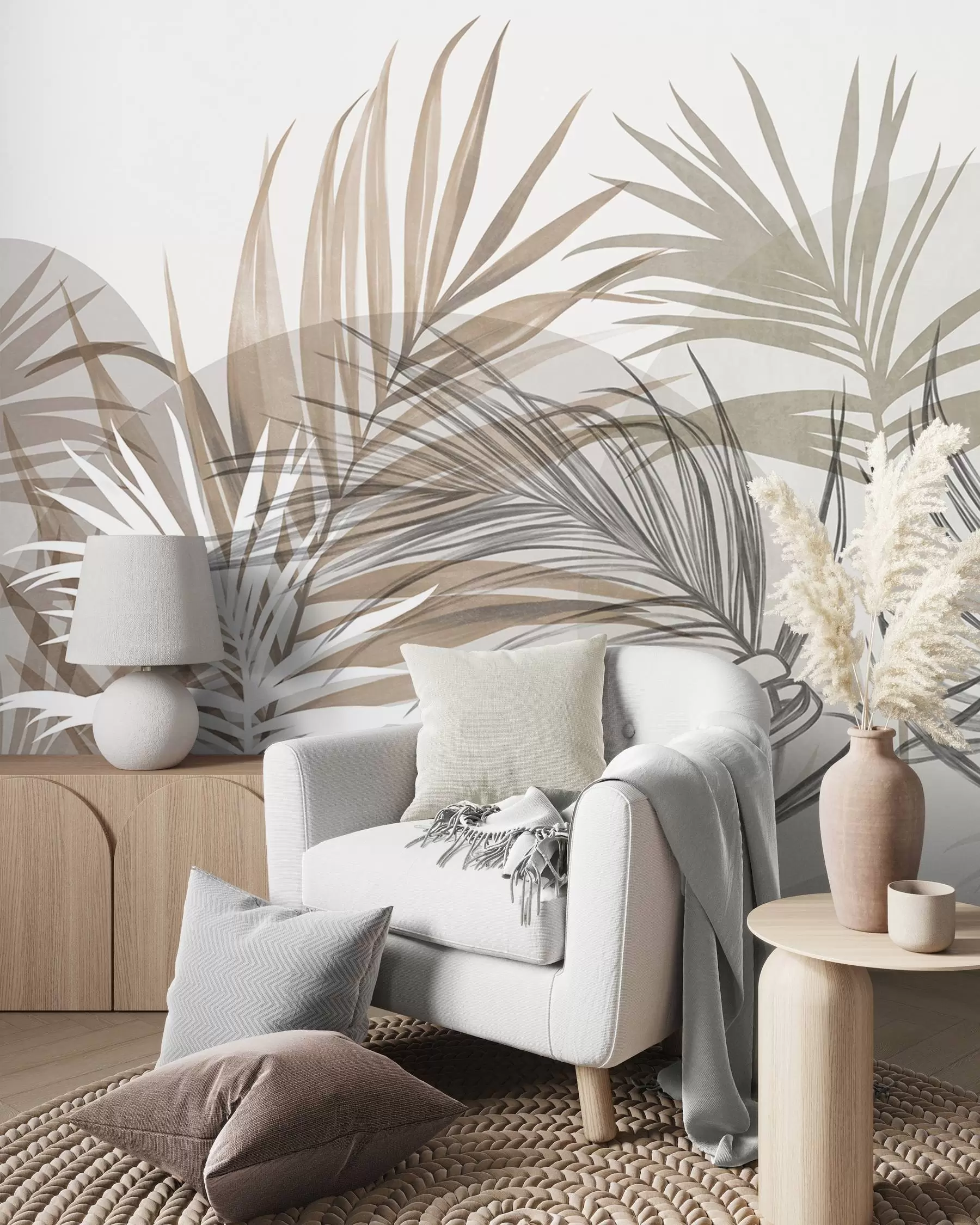 Wall Mural Photo Wallpaper Palm leaves in neutral tones of beige, brown and gray, with abstract shapes w10025