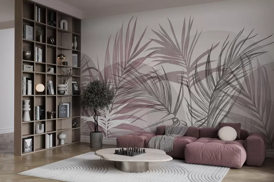 murales Hojas de palmera en tonos neutros de rosa y gris, con formas abstractas w10025v1