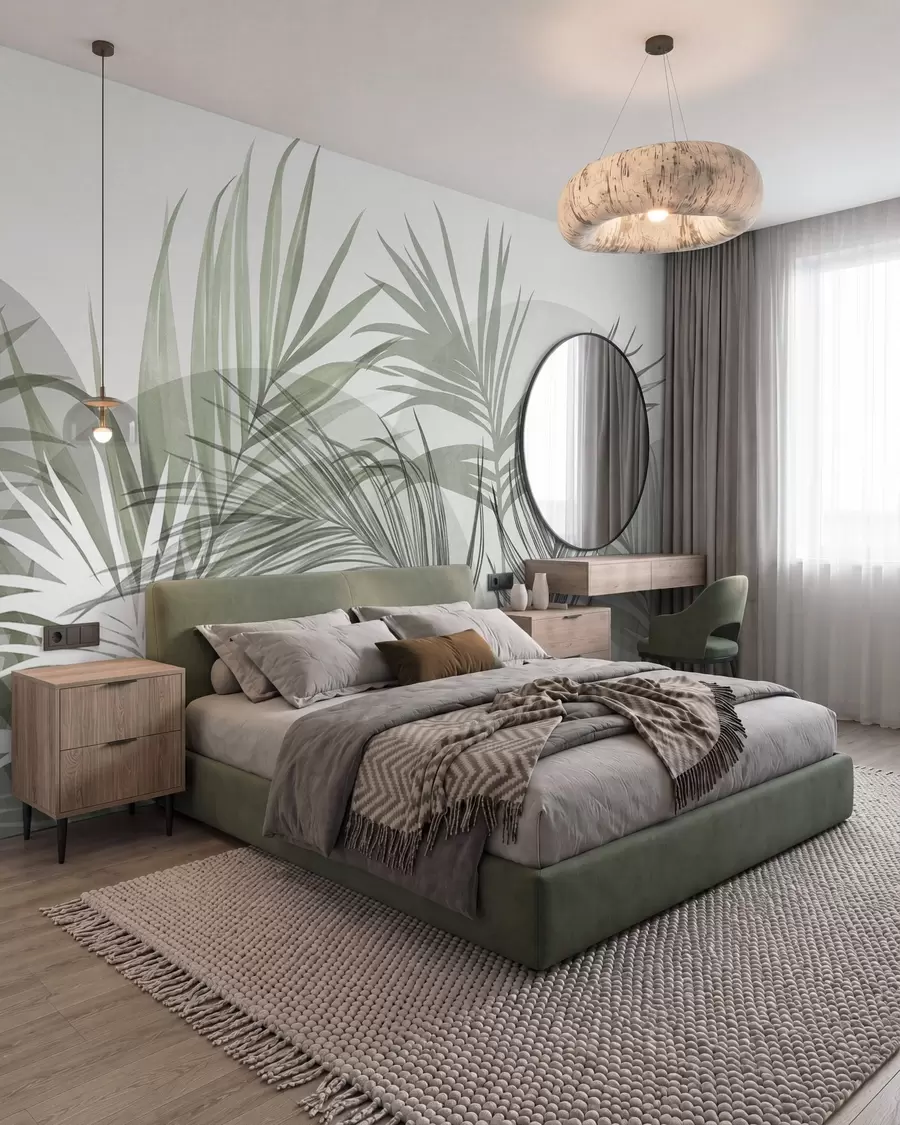 wall murals Palm leaves in neutral tones of green and gray, with abstract shapes w10025v2