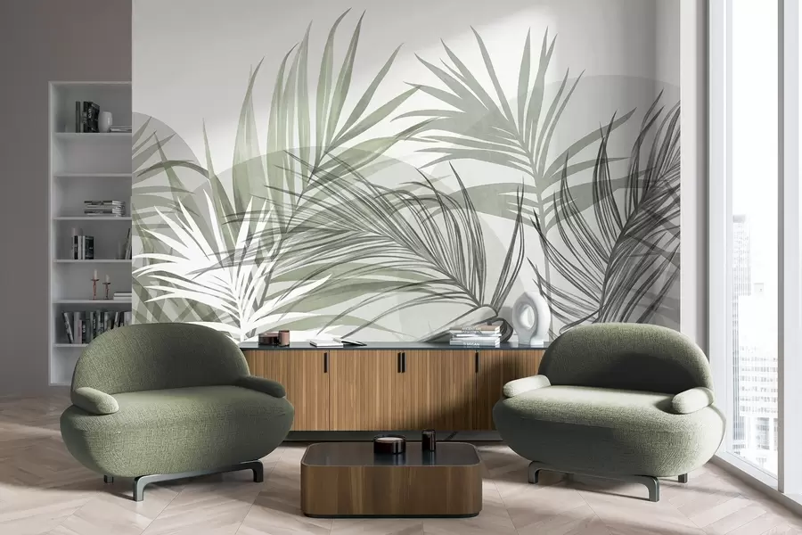 wall murals Palm leaves in neutral tones of green and gray, with abstract shapes w10025v2