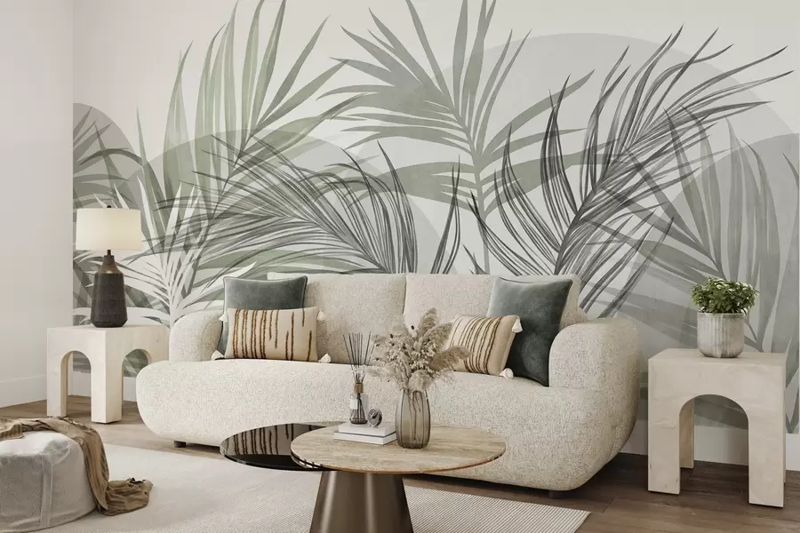 murales Hojas de palmera en tonos neutros de verde y gris, con formas abstractas w10025v2