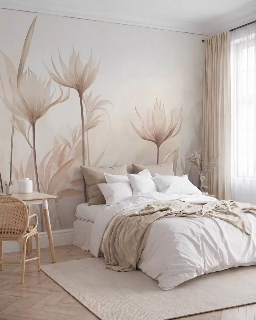 murales Flores translúcidas con textura, en suaves tonos melocotón y beige, con tallos largos y follaje w10028