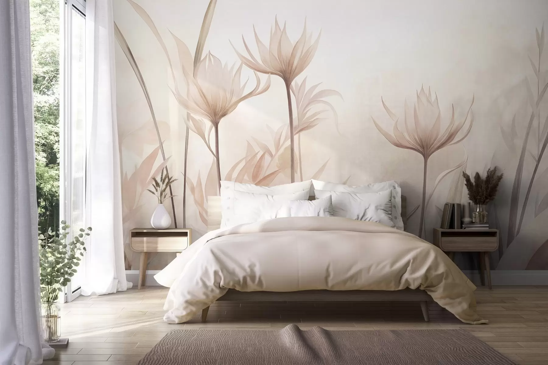 peintures murales Fleurs translucides aux textures variées, dans des tons doux de pêche et de beige, dotées de longues tiges et de feuillage w10028