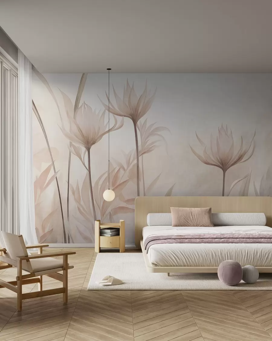 Wall Mural Photo Wallpaper Textured translucent flowers in soft peach and beige hues with long stems and foliage w10028