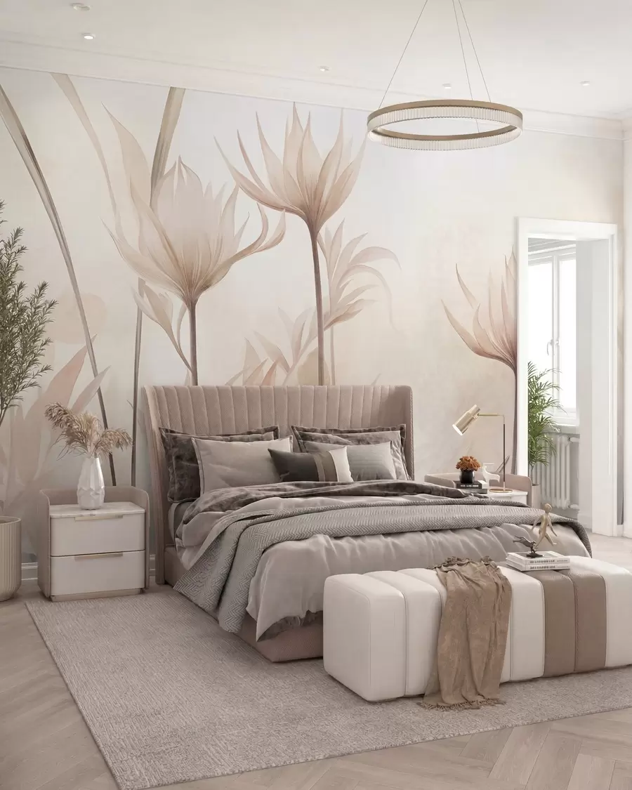 Wall Mural Photo Wallpaper Textured translucent flowers in soft peach and beige hues with long stems and foliage w10028
