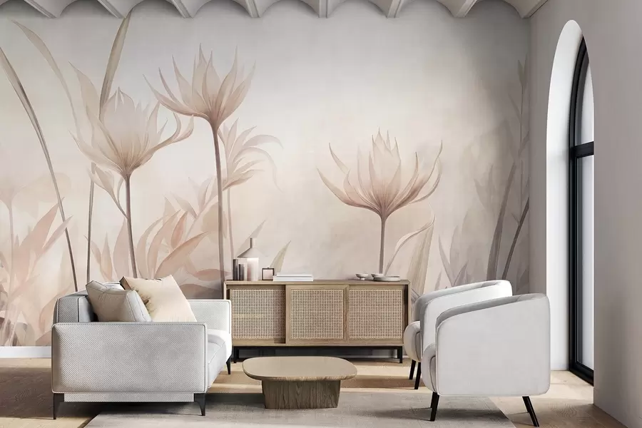 murales Flores translúcidas con textura, en suaves tonos melocotón y beige, con tallos largos y follaje w10028