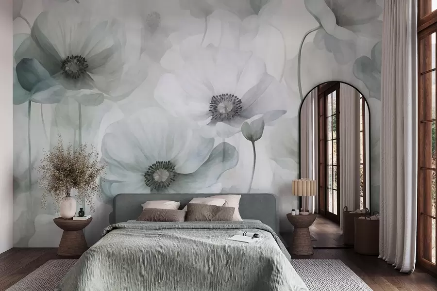 murales Amapolas de colores apagados y textura marcada, con centros oscuros, delicados pétalos translúcidos y un fondo suave w10029v2