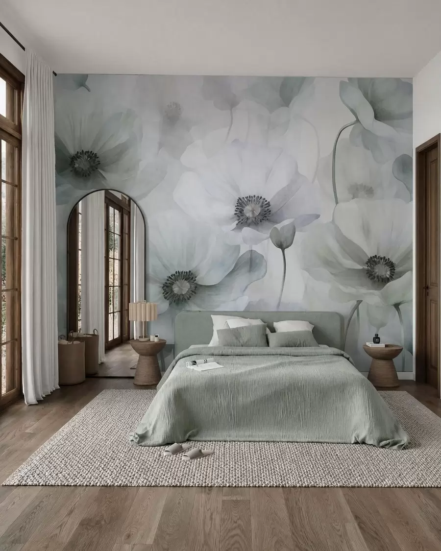 peintures murales Des coquelicots aux couleurs douces et texturées, avec un cœur foncé, des pétales délicats et translucides, sur un fond clair w10029v2