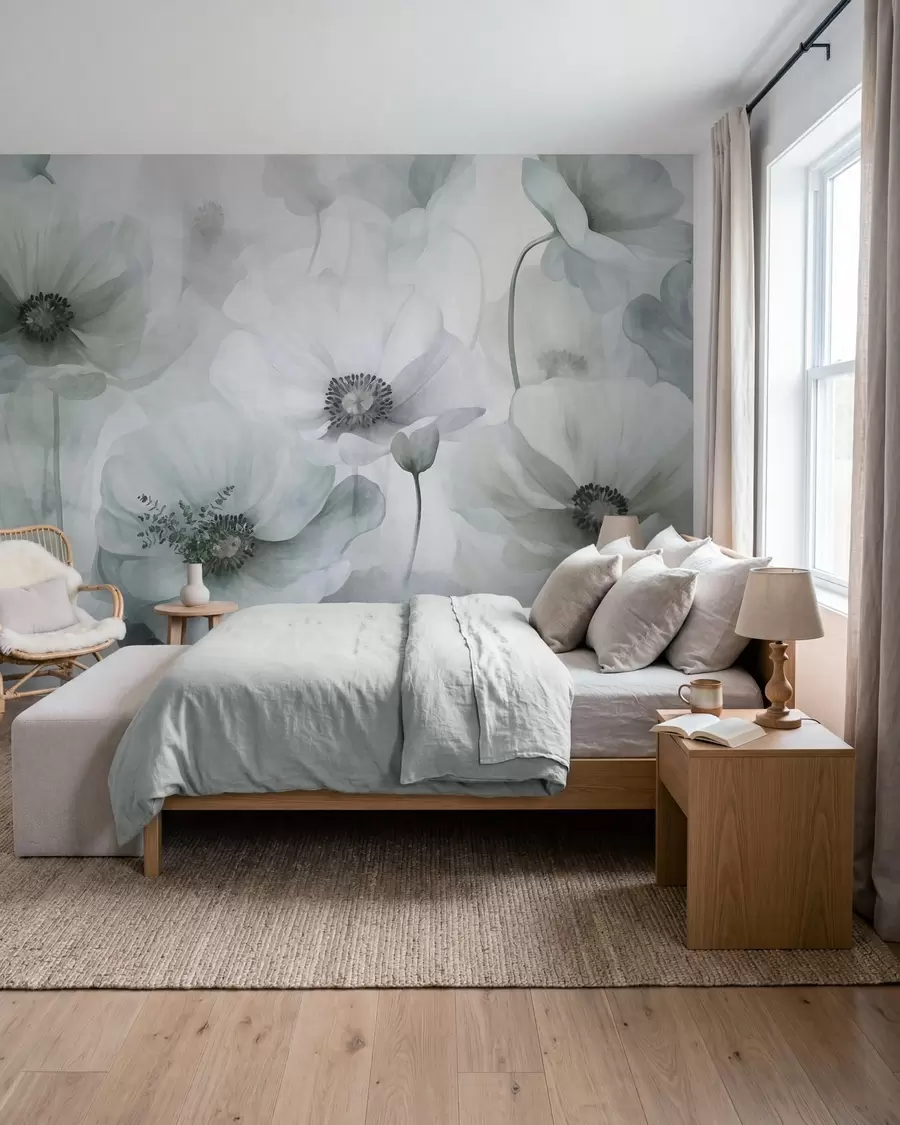 Wall Mural Photo Wallpaper Muted textured poppies with dark centers, delicate translucent petals, soft background w10029v2