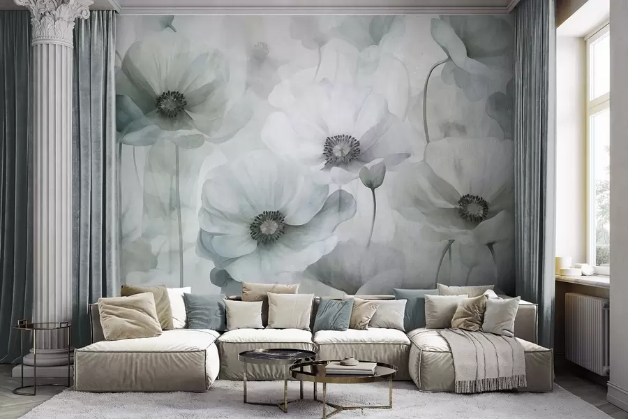 wall murals Muted textured poppies with dark centers, delicate translucent petals, soft background w10029v2