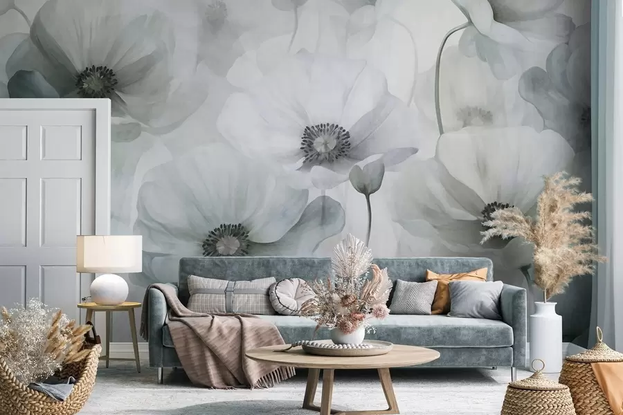 Wall Mural Photo Wallpaper Muted textured poppies with dark centers, delicate translucent petals, soft background w10029v2