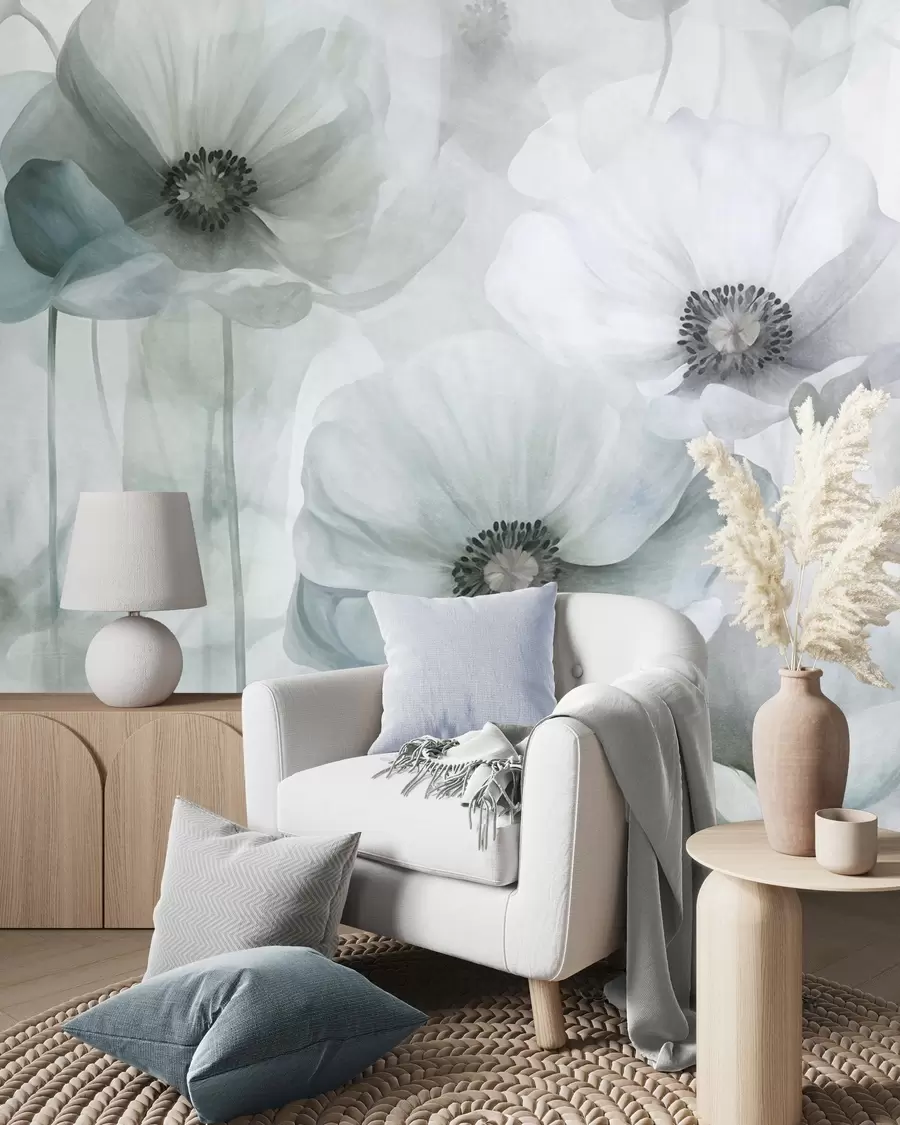 peintures murales Des coquelicots aux couleurs douces et texturées, avec un cœur foncé, des pétales délicats et translucides, sur un fond clair w10029v2