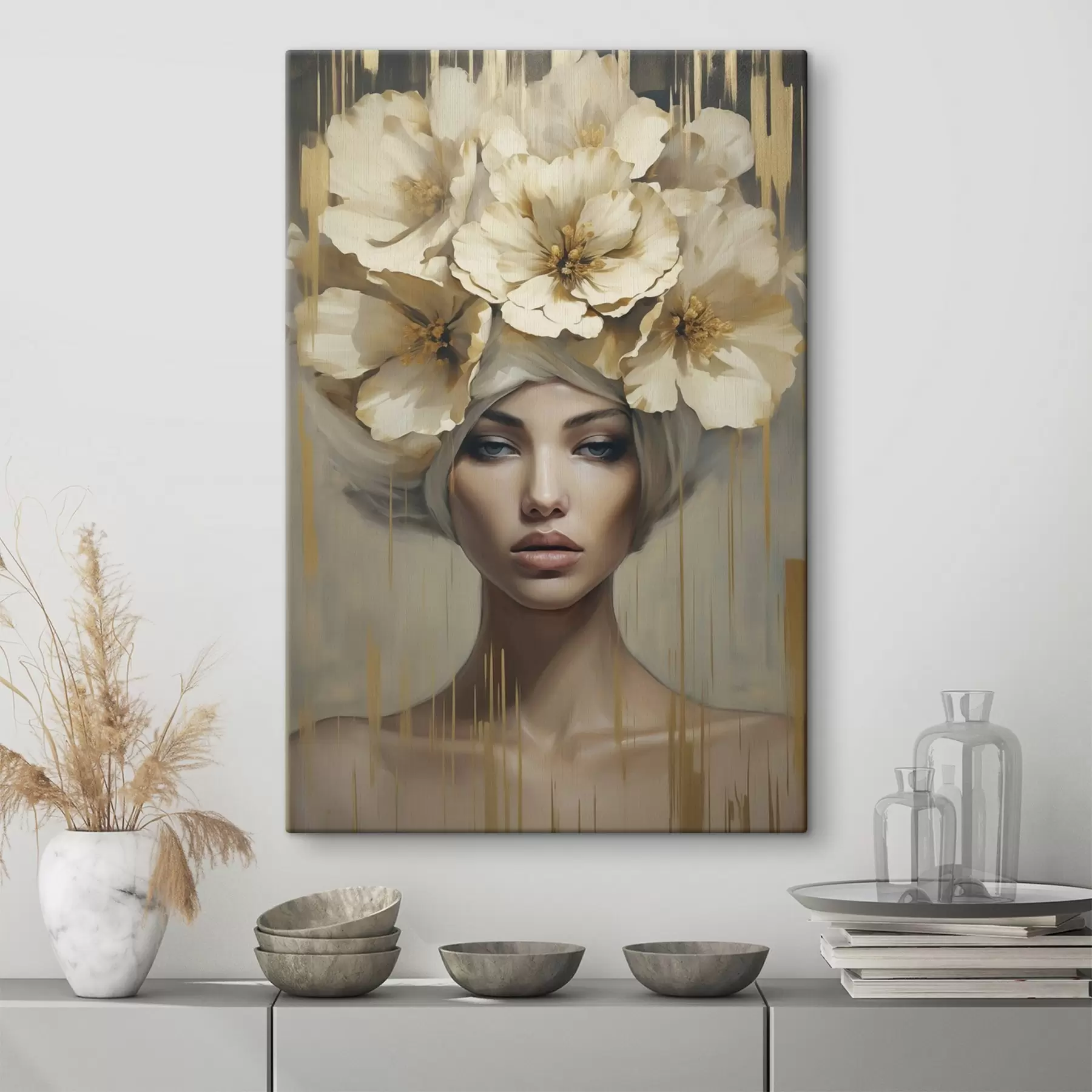 wall murals Abstract woman with flowers in her hair, imitation of painting s50381