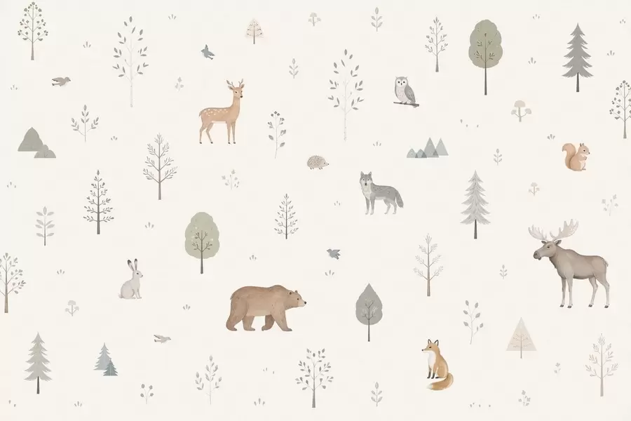 murales Animales del bosque y árboles sobre un fondo claro w05864