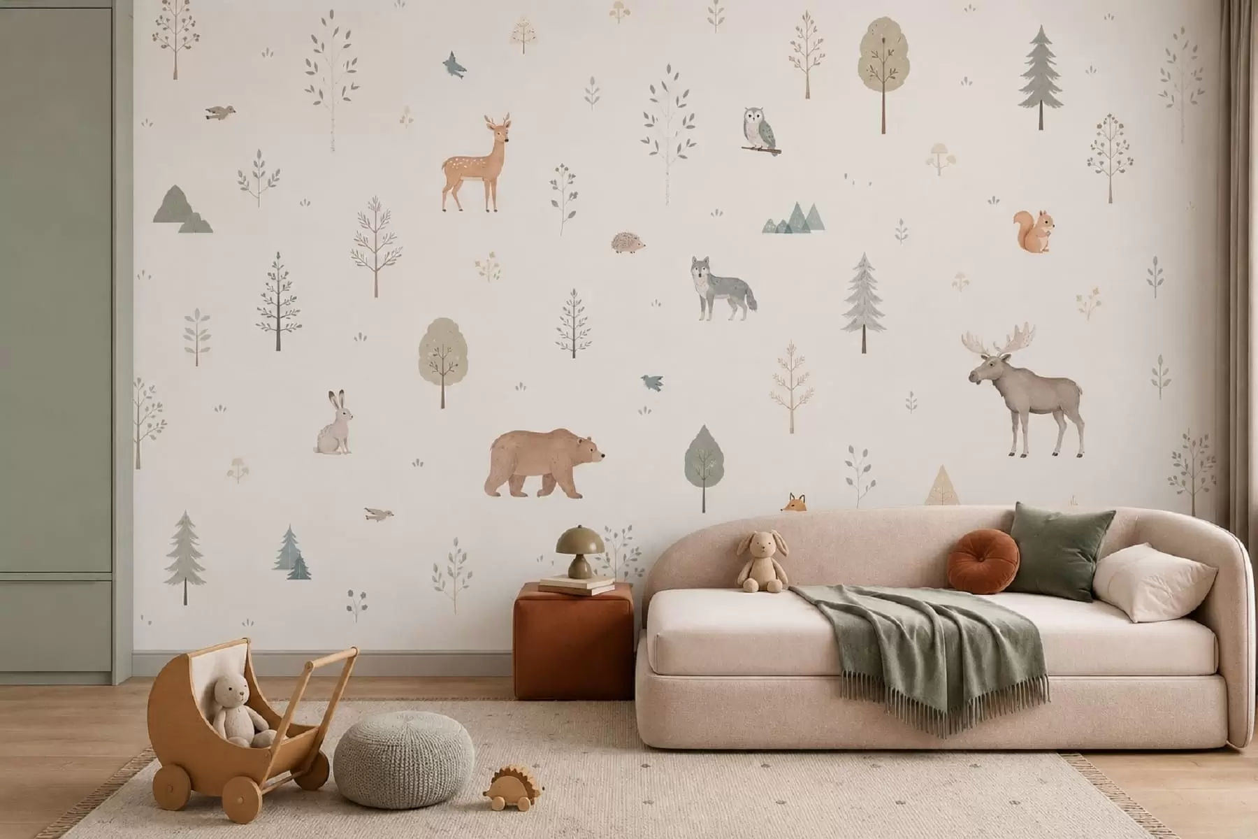 Wall Mural Photo Wallpaper Forest animals and trees on a light background w05864