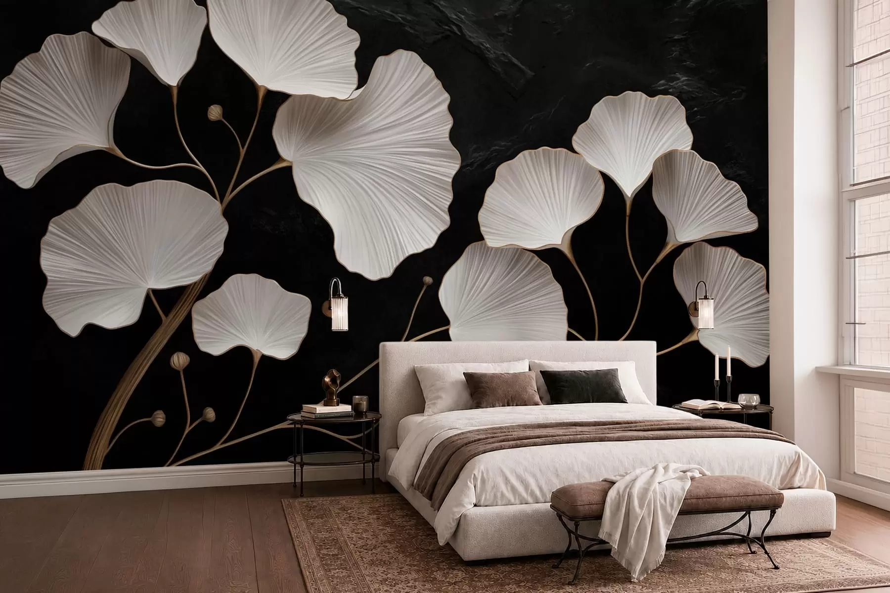 peintures murales Feuilles blanches en forme d'éventail sur fond noir w05860