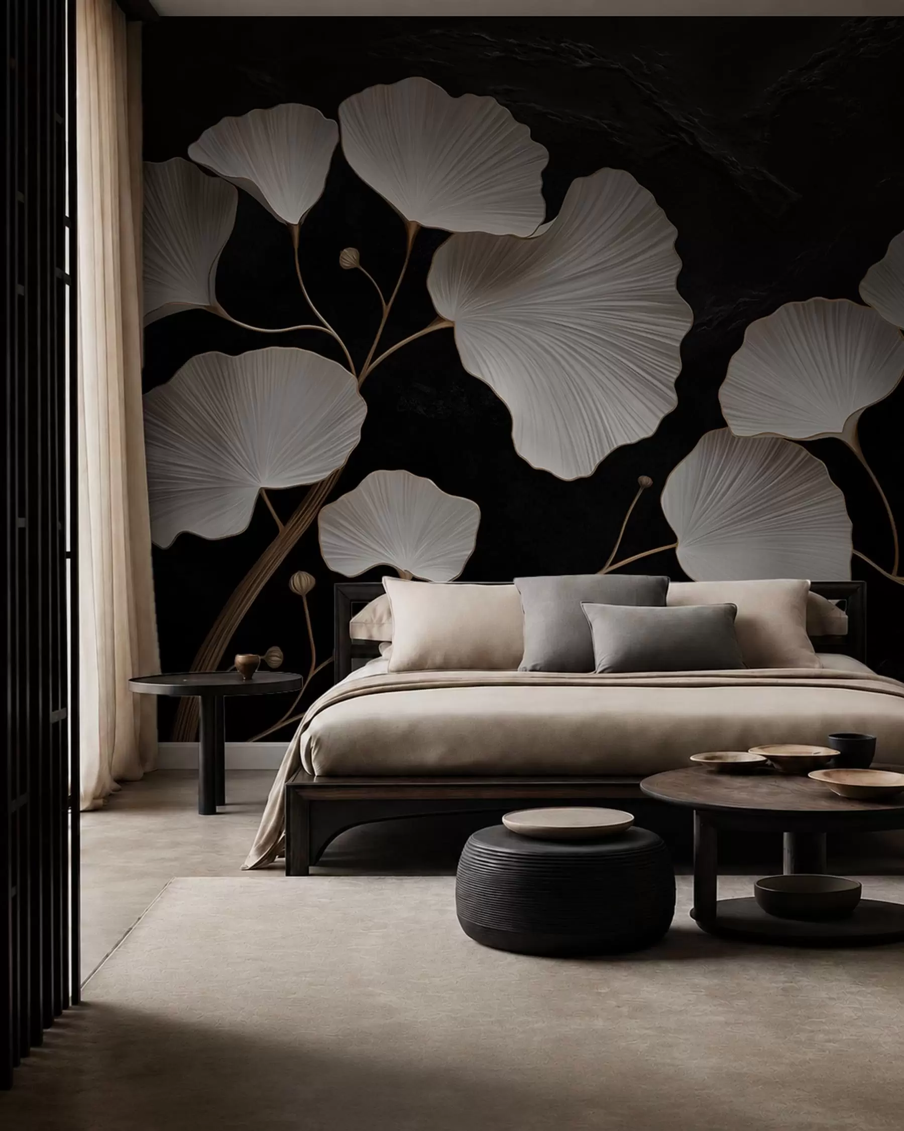 wall murals White fan-shaped leaves on a black background w05860