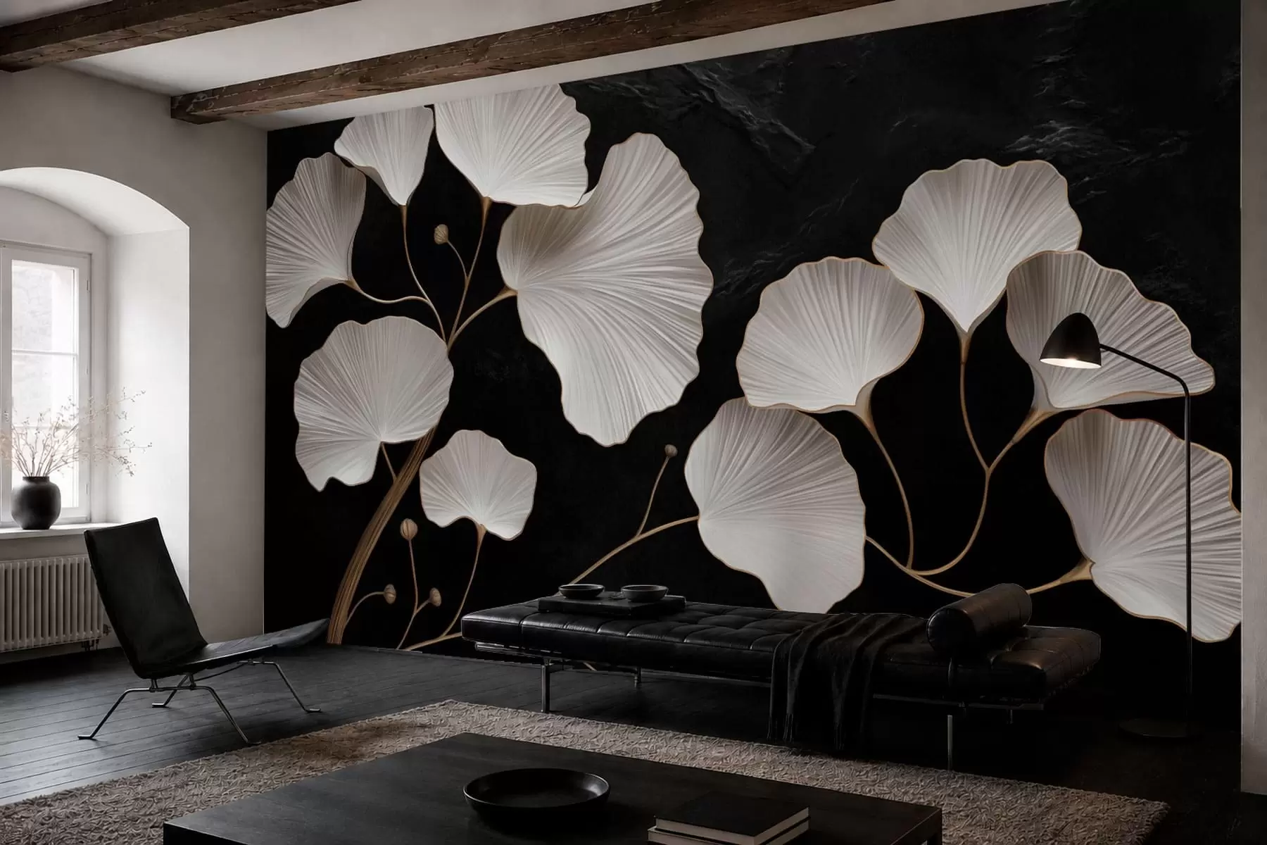 peintures murales Feuilles blanches en forme d'éventail sur fond noir w05860