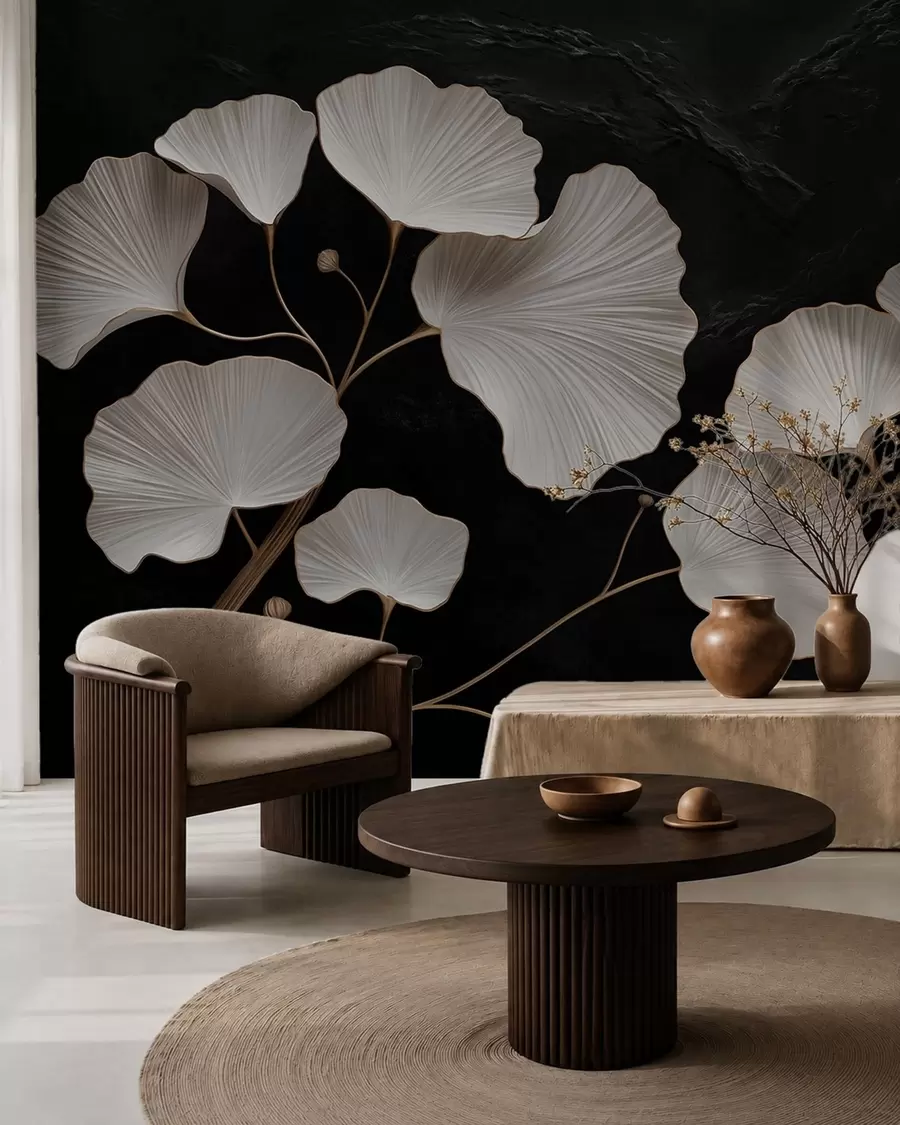 wall murals White fan-shaped leaves on a black background w05860
