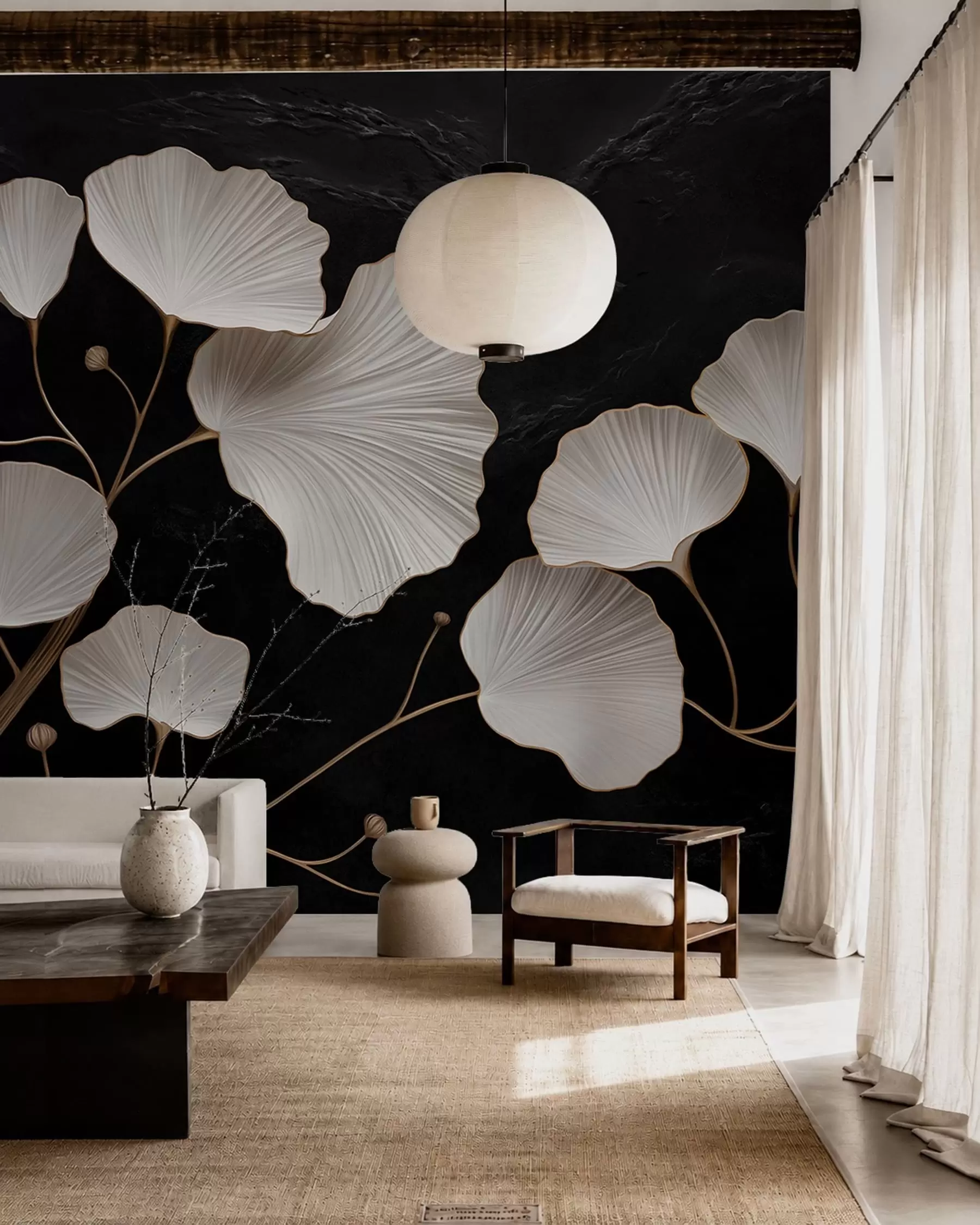 wall murals White fan-shaped leaves on a black background w05860
