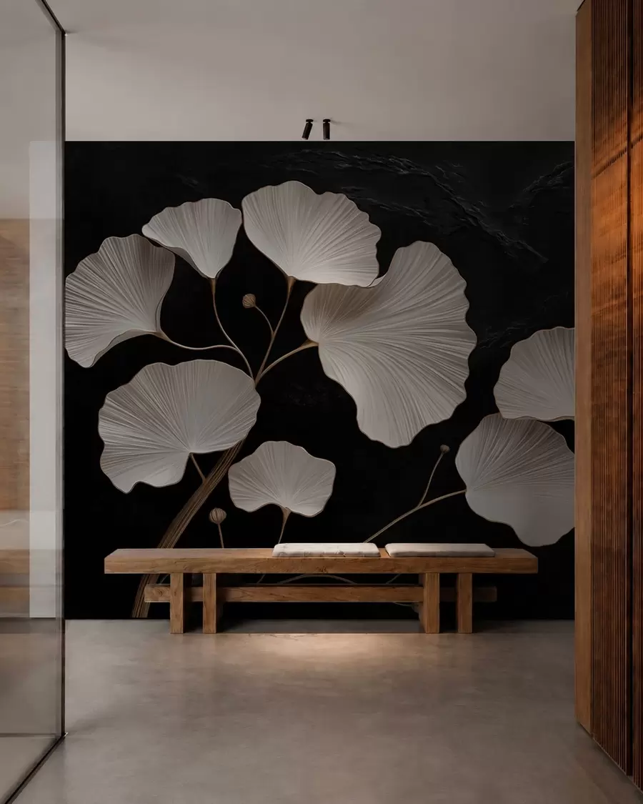 Wall Mural Photo Wallpaper White fan-shaped leaves on a black background w05860