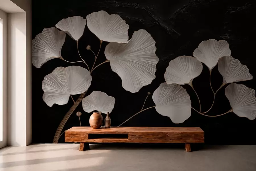 peintures murales Feuilles blanches en forme d'éventail sur fond noir w05860