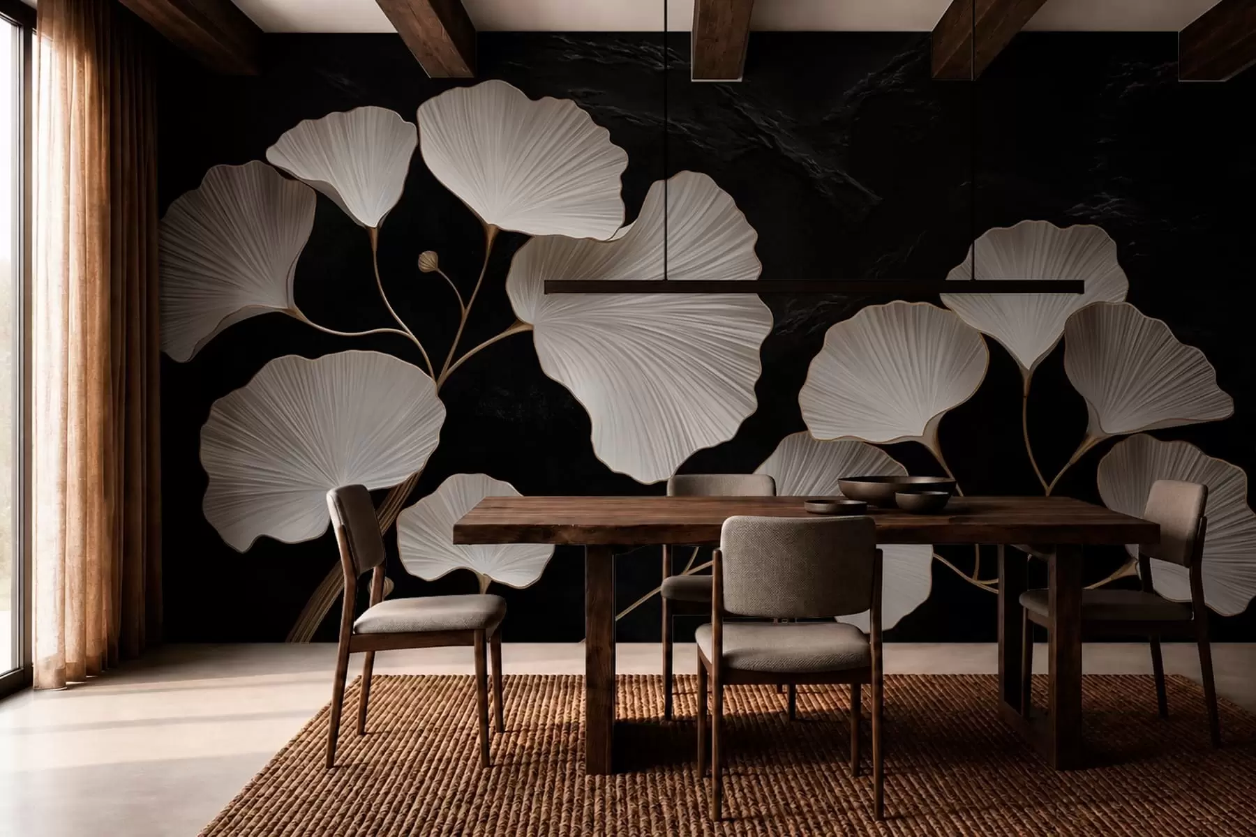 wall murals White fan-shaped leaves on a black background w05860
