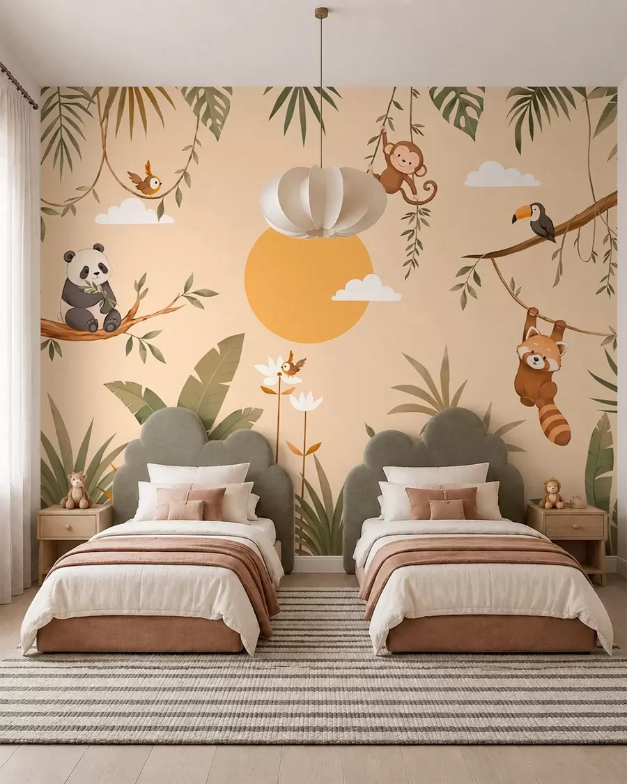 peintures murales Animaux tropicaux, végétation et soleil sur un fond aux teintes chaudes w05865v1