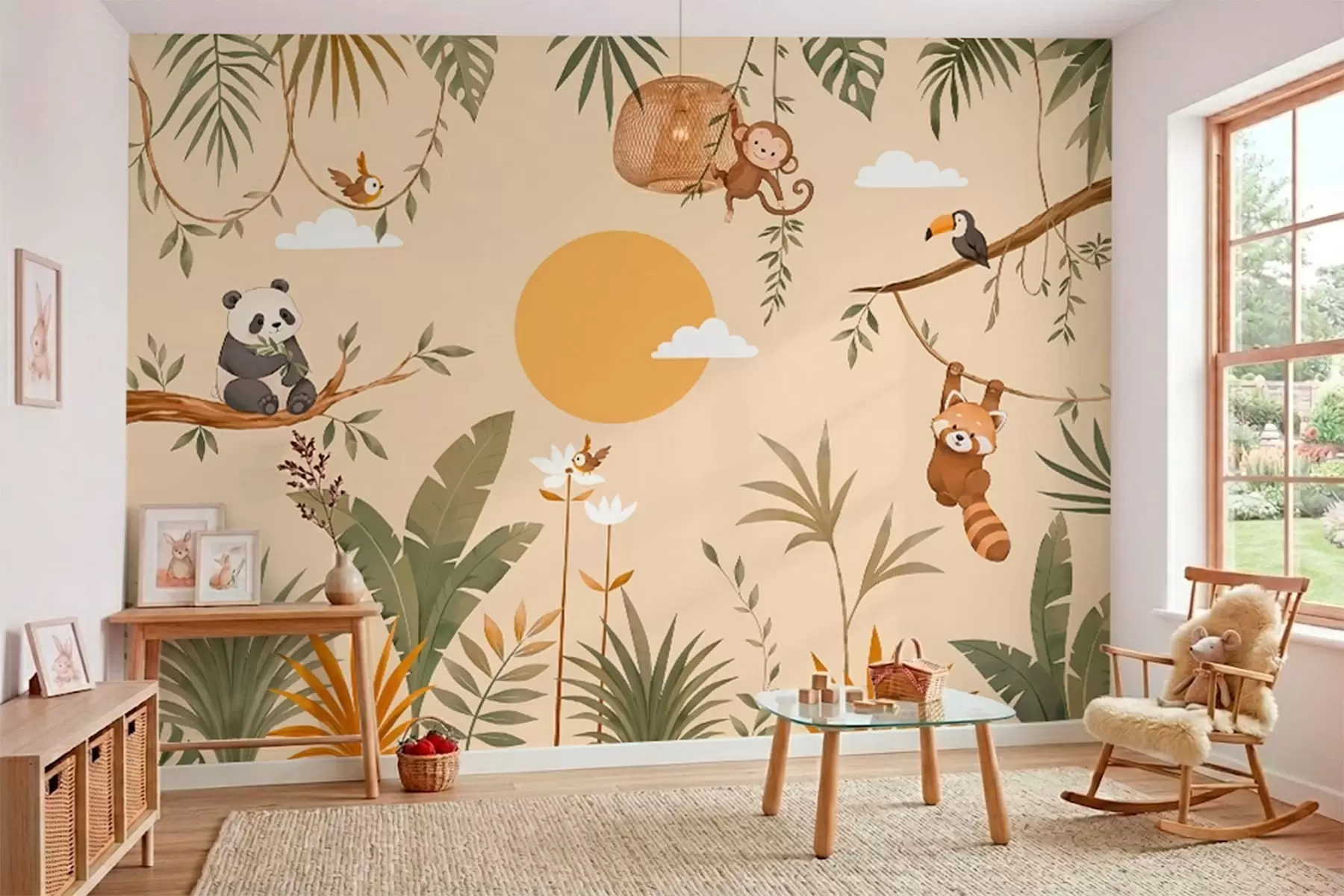 peintures murales Animaux tropicaux, végétation et soleil sur un fond aux teintes chaudes w05865v1