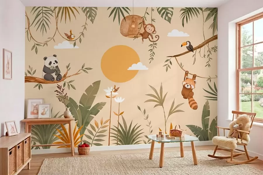 murales Animales tropicales, vegetación y sol sobre un fondo cálido w05865v1