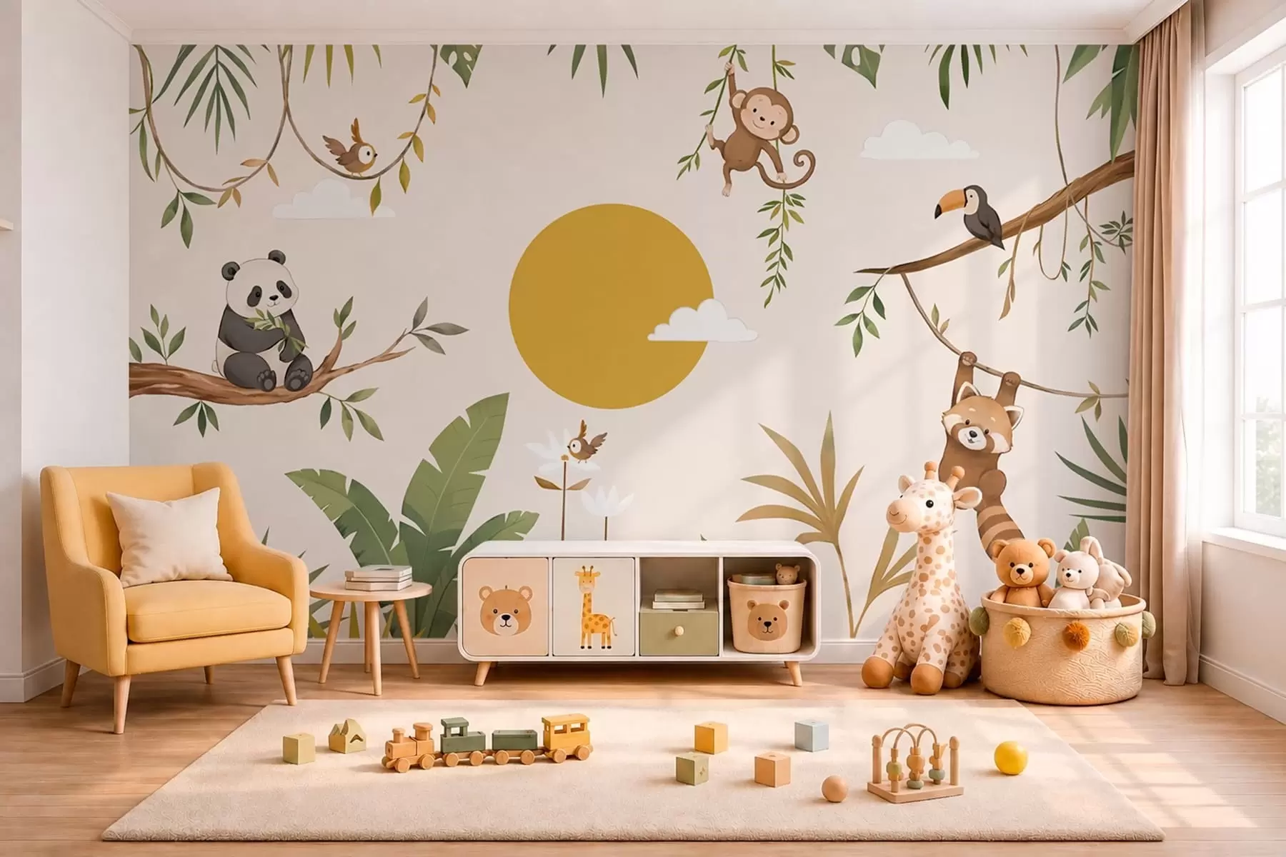 peintures murales Des animaux tropicaux au milieu du feuillage, sous un grand soleil w05865v2