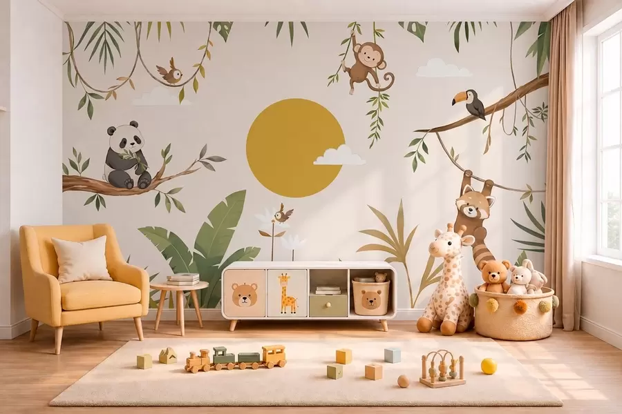 murales Animales tropicales entre el follaje, con un sol enorme w05865v2