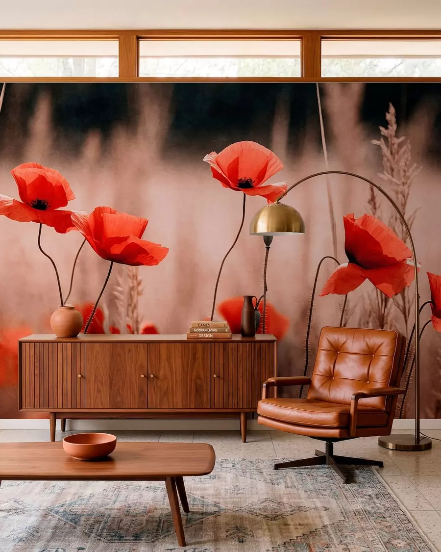 wall murals Bright red poppies among dry grasses w05866