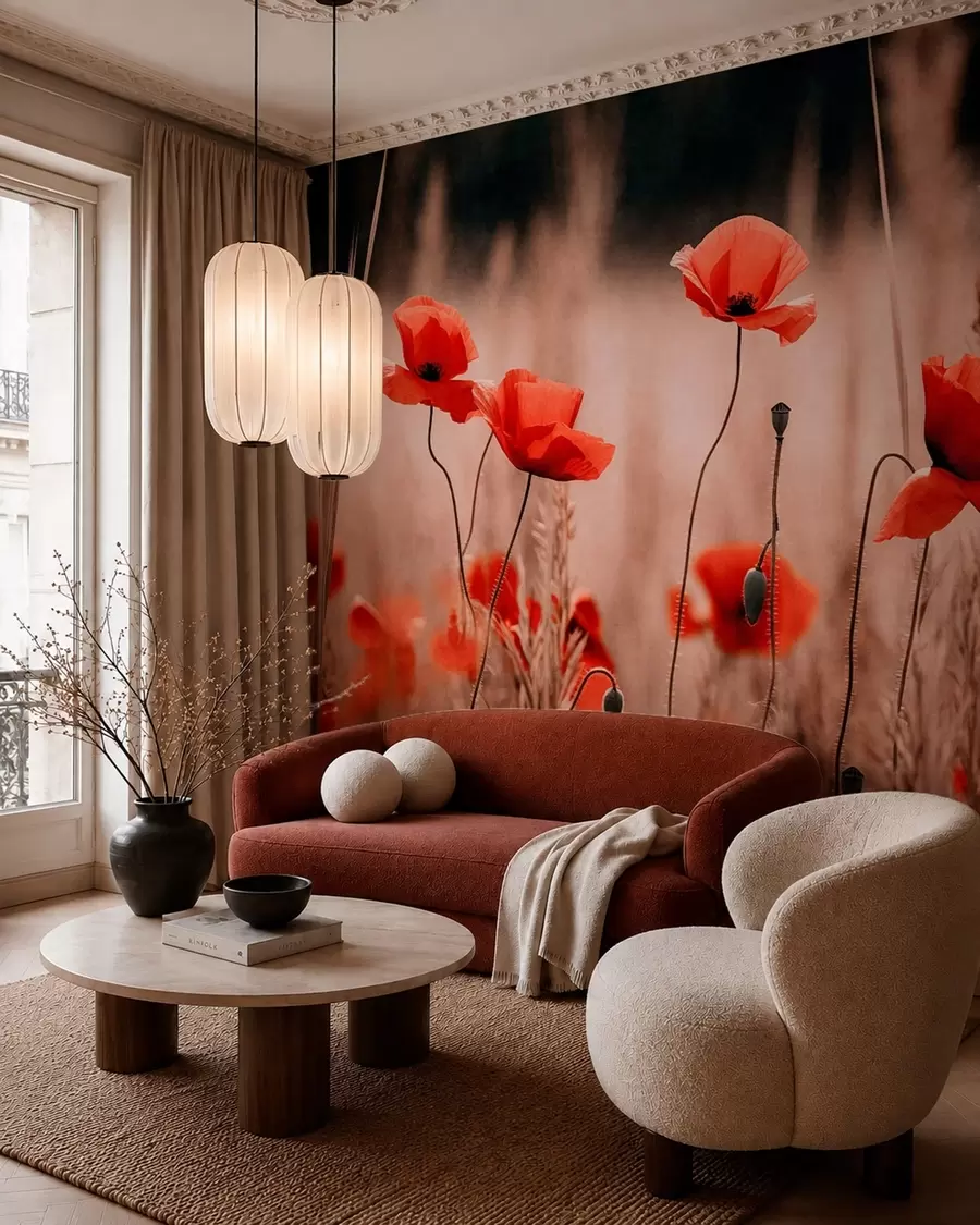 wall murals Bright red poppies among dry grasses w05866