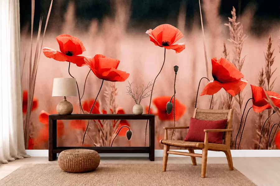 peintures murales Des coquelicots d'un rouge vif parmi les herbes sèches w05866