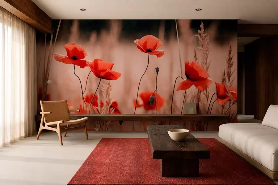 Wall Mural Photo Wallpaper Bright red poppies among dry grasses w05866