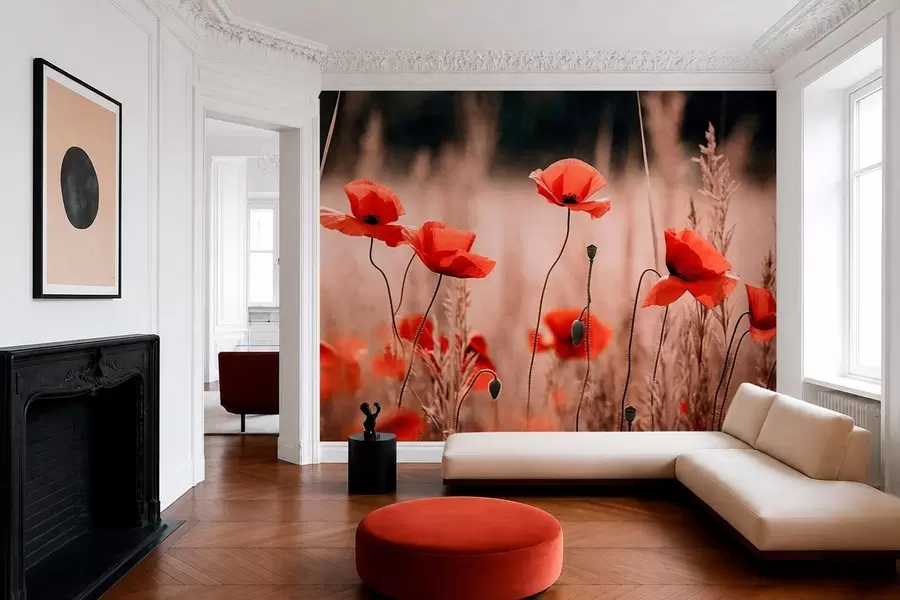 murales Amapolas de un rojo intenso entre la hierba seca w05866