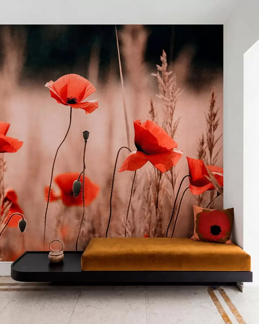 peintures murales Des coquelicots d'un rouge vif parmi les herbes sèches w05866