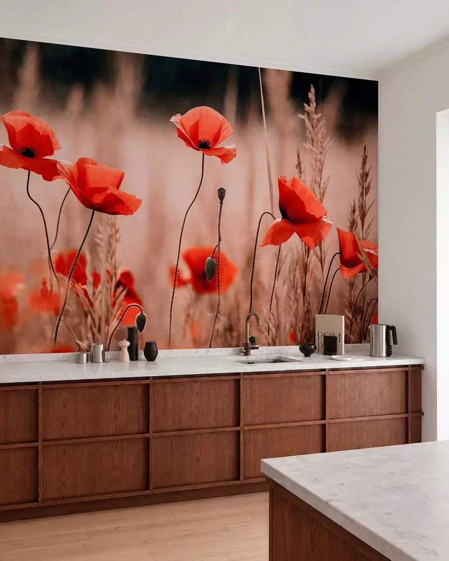 Wall Mural Photo Wallpaper Bright red poppies among dry grasses w05866