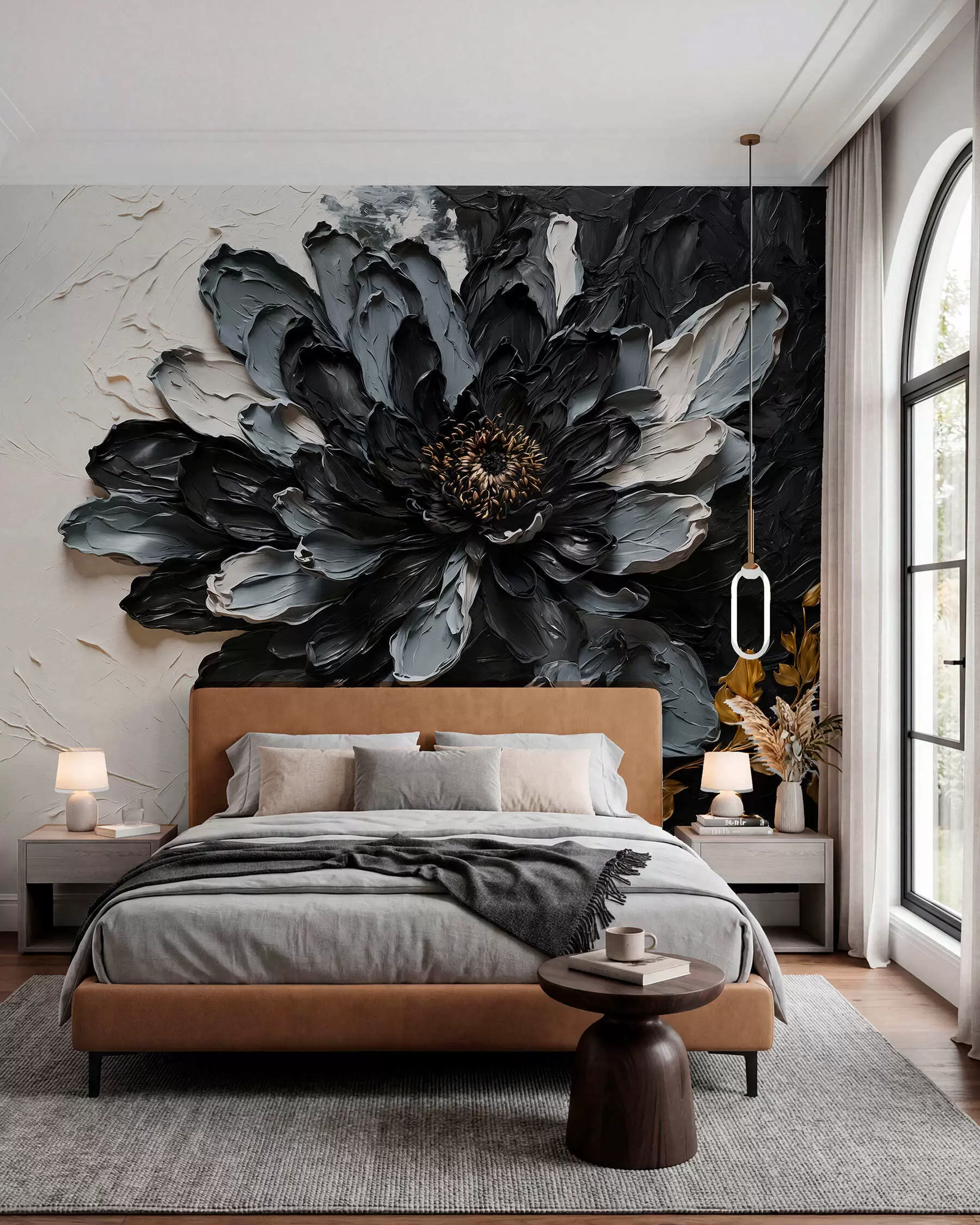 Wall Mural Photo Wallpaper Textured black and gray flower with decorative branches w05883