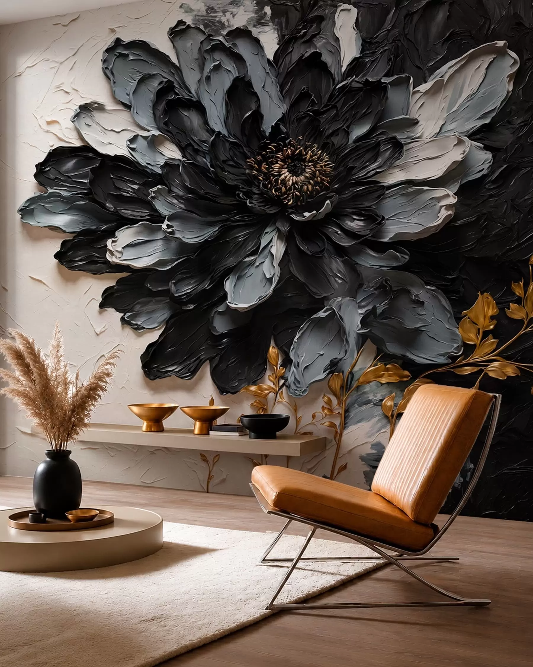 wall murals Textured black and gray flower with decorative branches w05883
