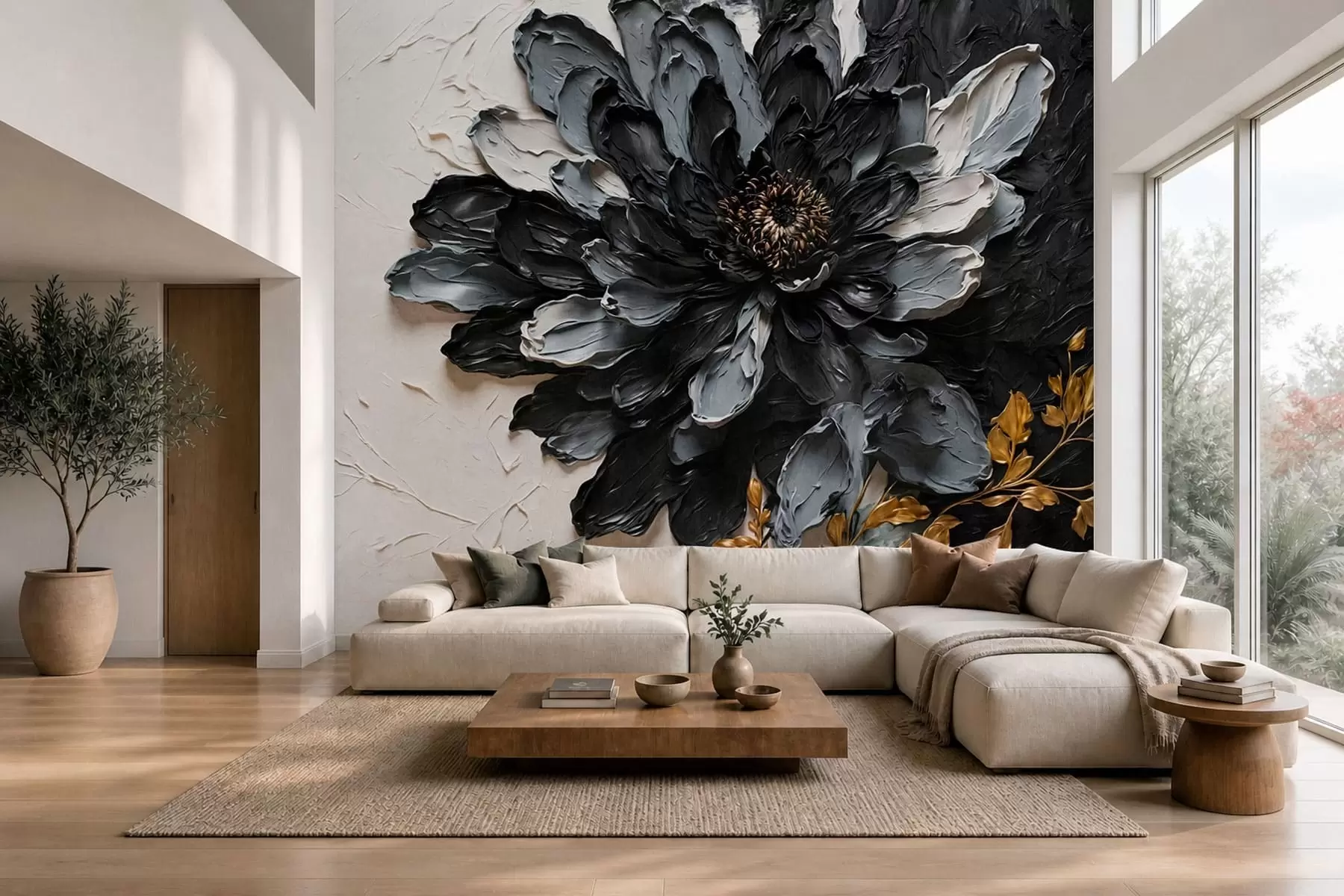 wall murals Textured black and gray flower with decorative branches w05883