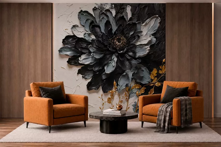 wall murals Textured black and gray flower with decorative branches w05883