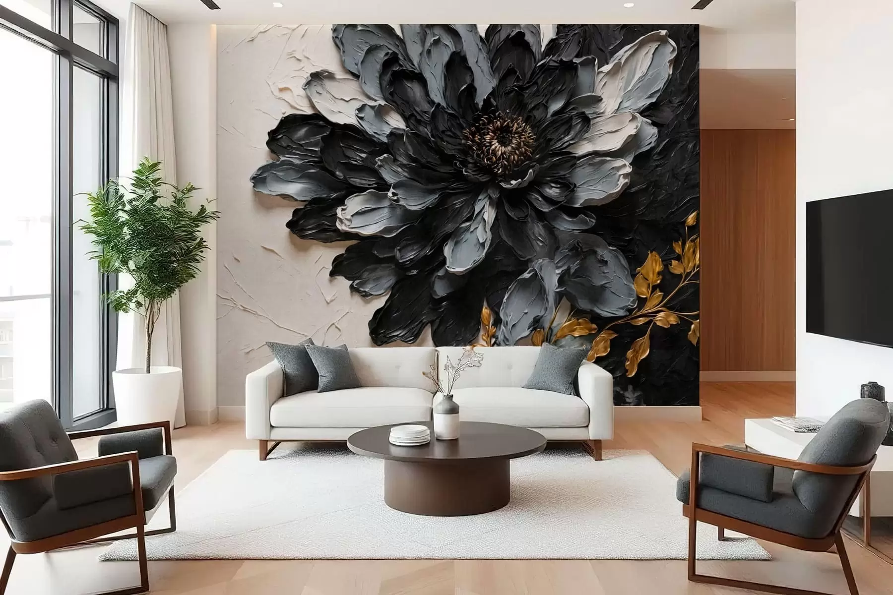peintures murales Fleur texturée noire et grise avec des branches décoratives w05883