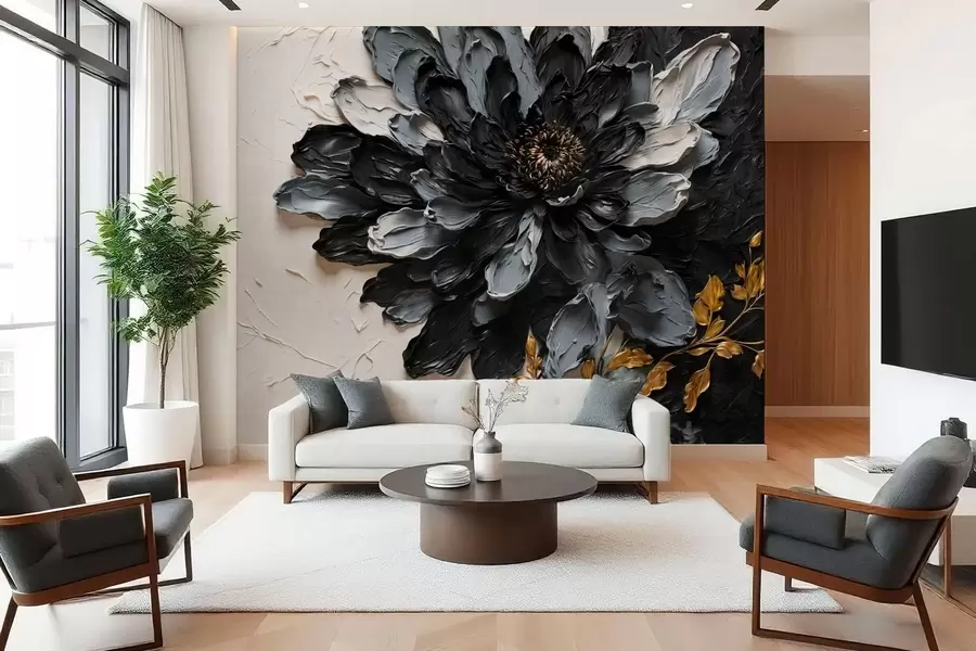wall murals Textured black and gray flower with decorative branches w05883