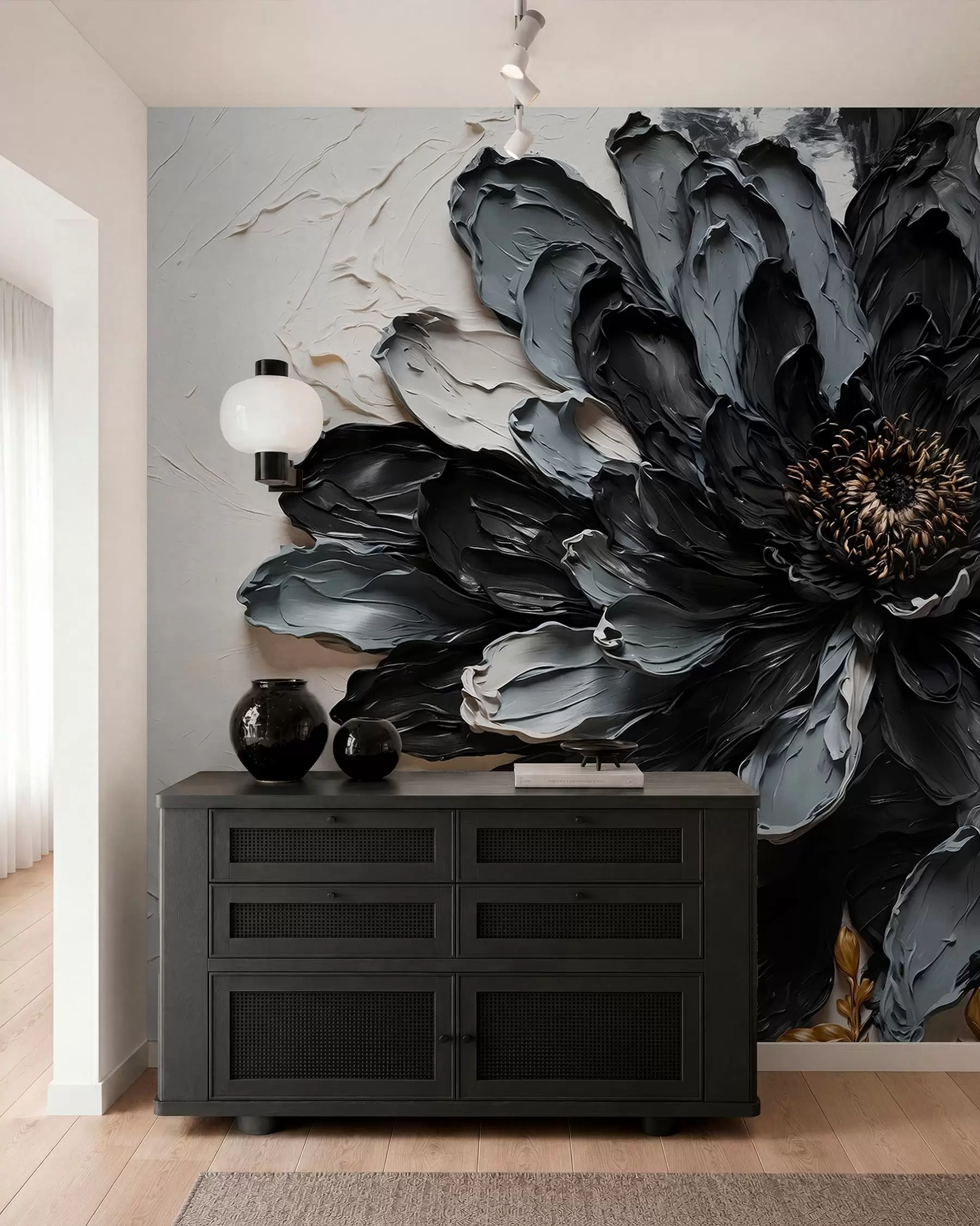 peintures murales Fleur texturée noire et grise avec des branches décoratives w05883