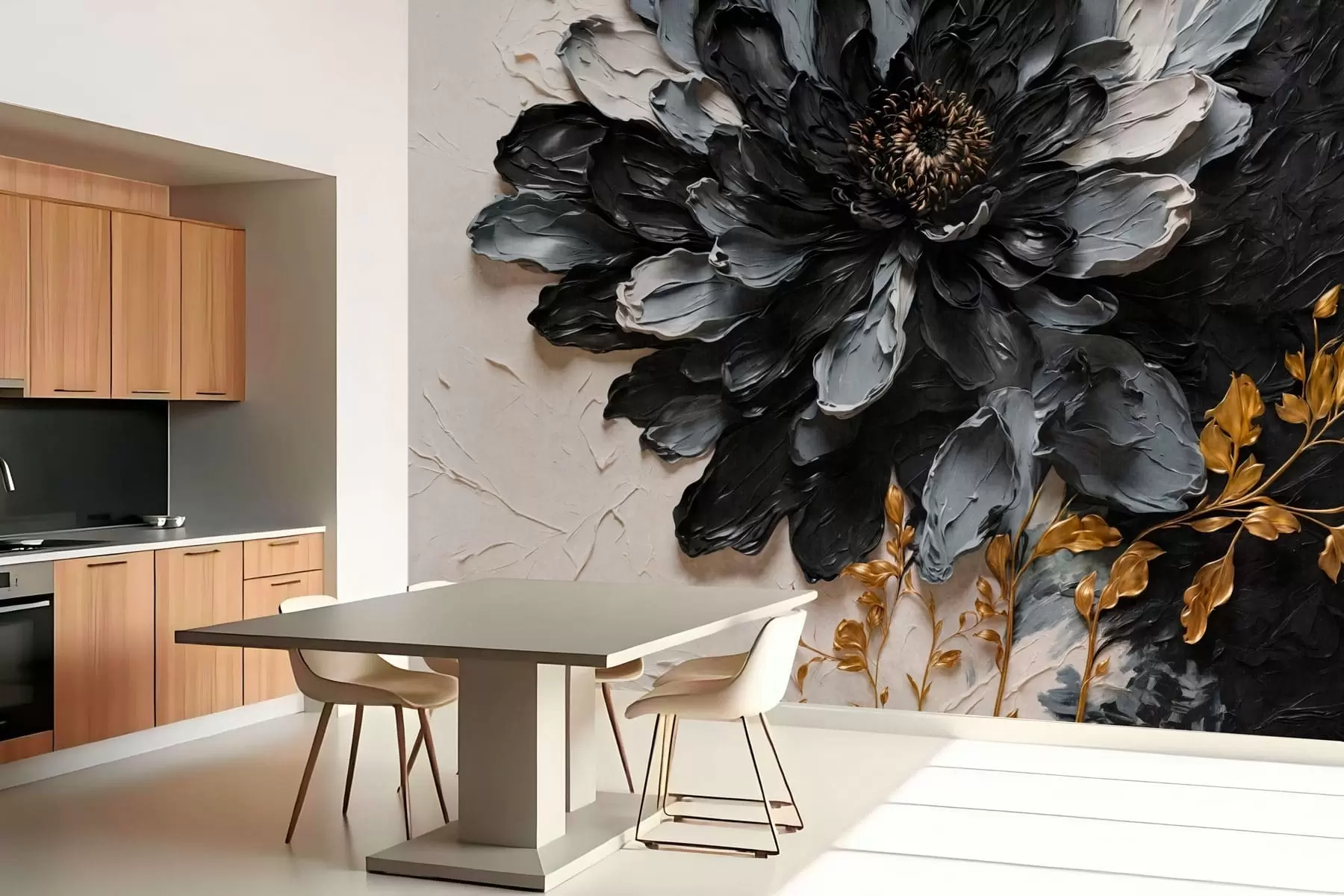 peintures murales Fleur texturée noire et grise avec des branches décoratives w05883